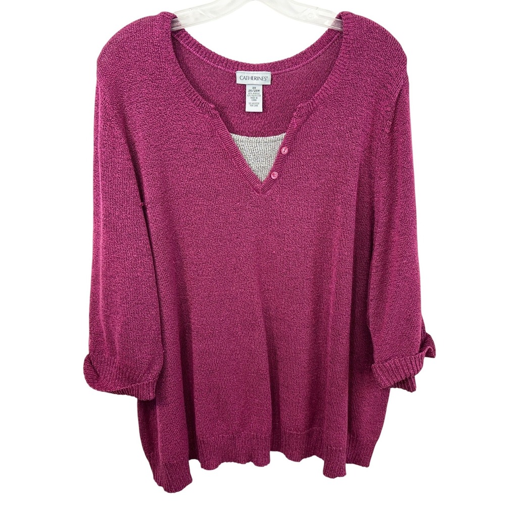 Catherines Plus Size 26/28W Top 3X Purple Modest Henley Knit Sweater Office 1300